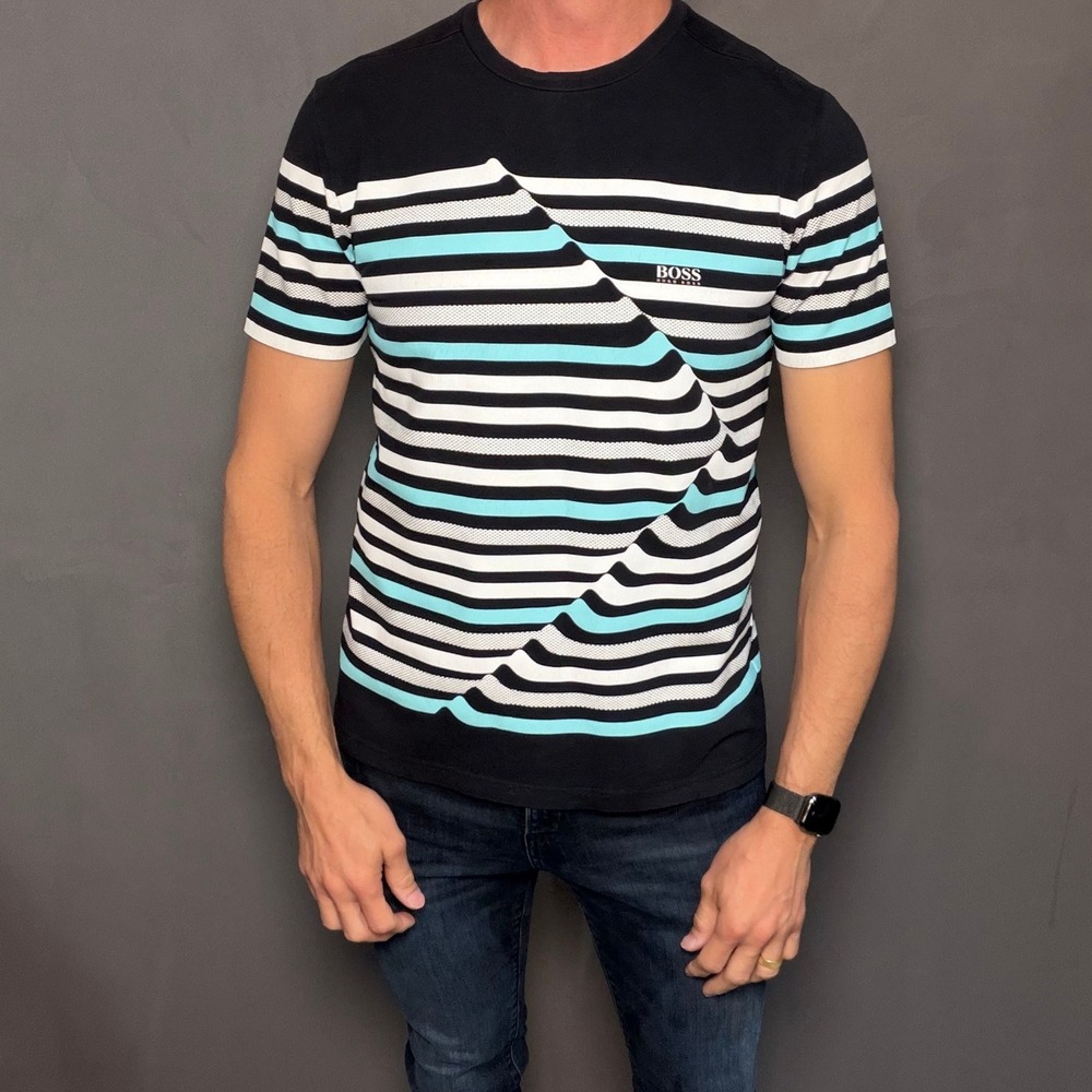 BOSS Hugo Boss Mens Striped Logo T Shirt Graphic Tee Black White Blue M